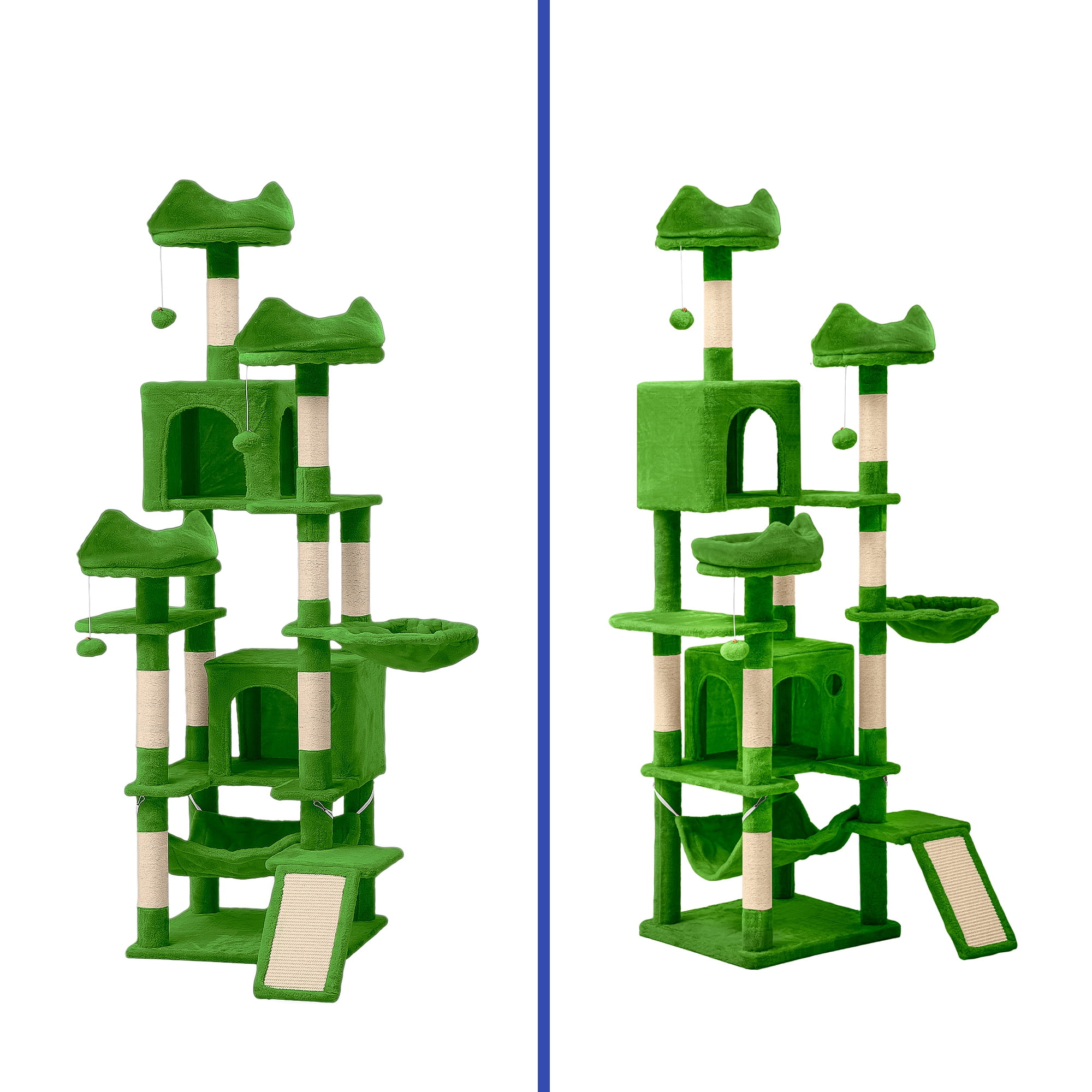 ModFusion 75" Tall Green Cat Tree Tower with Hammock, Playhouse & Scratching Posts for Indoor Cats