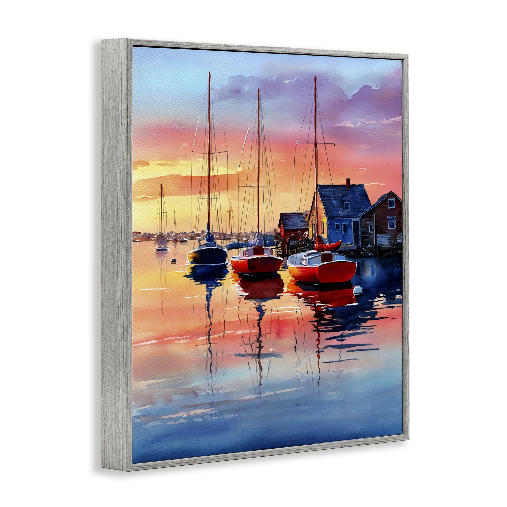 Stupell Industries Vivid Sunset at Docks Gray Framed Giclee Art, design by Franklyn Gregory