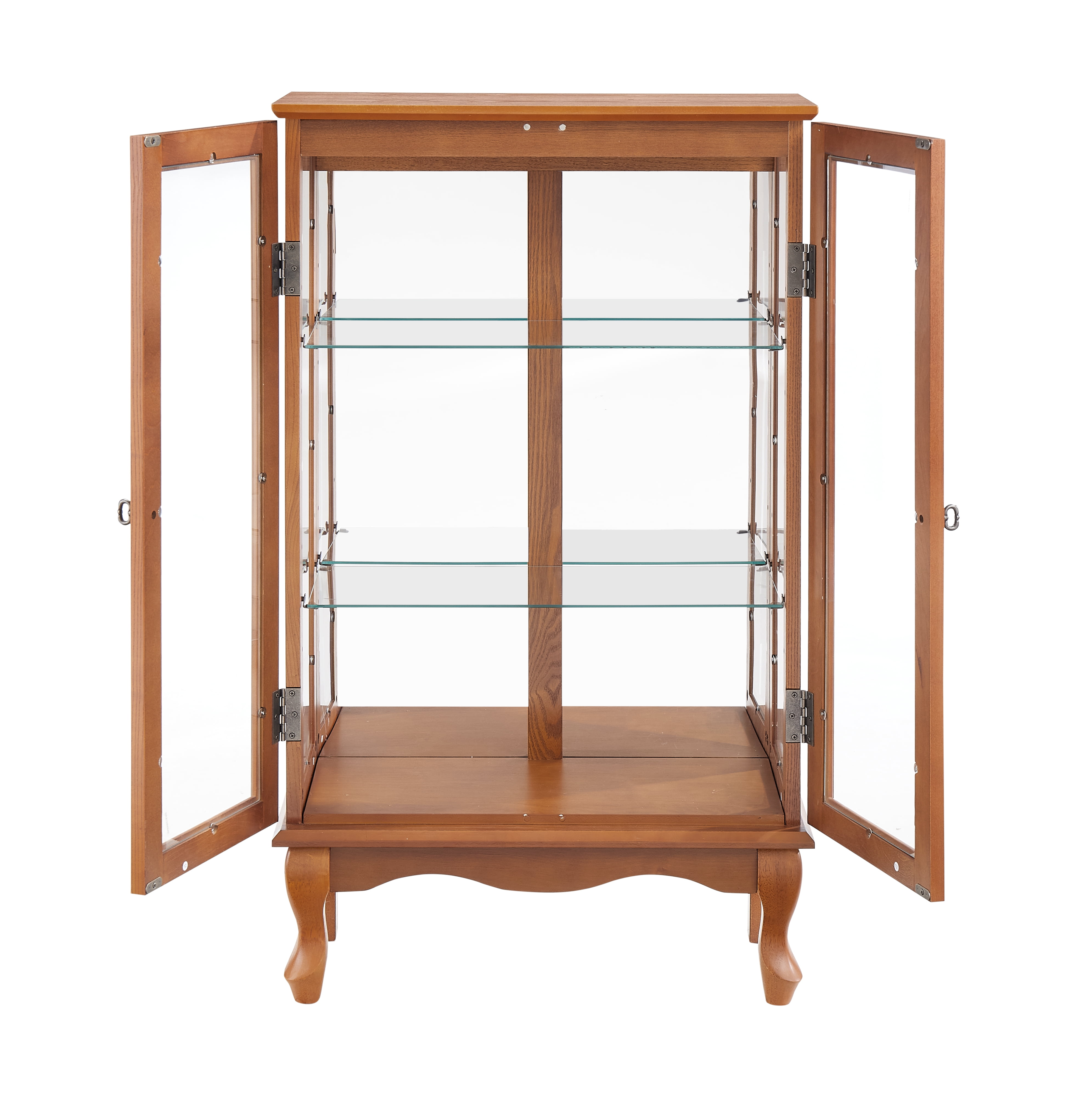 2-Door Curio Cabinet with Tempered Glass Doors, Mirrored Back Panel, Adjustable Shelves, Lighted Display Cabinet, Oak