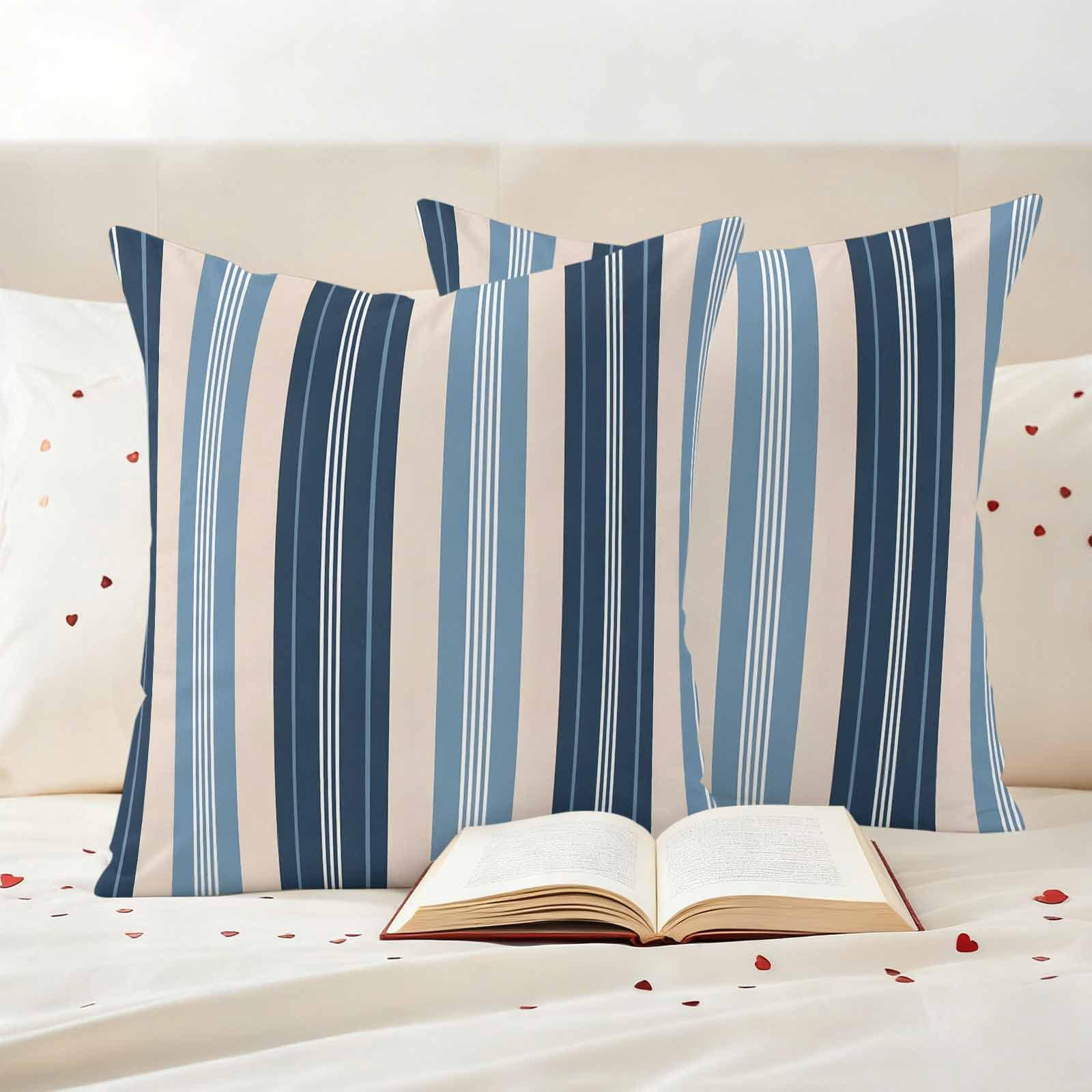 Blue Beige Striped Outdoor Waterproof Pillow Covers, Modern Stripes Art Farmhouse Decorative Square Throw Pillowcase Sofa Cushion Sham for Patio/Couch/Chair, 18"x18" 2 Pack