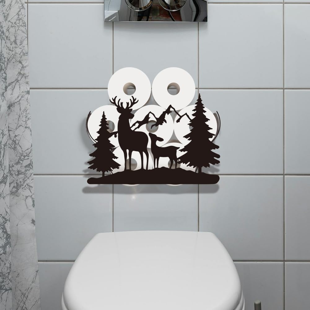 Deer Toilet Paper Holder Metal Forest Animal Wall Mounted Toilet Paper Storage for Extra 8 Rolls Funny Animal Toilet Paper Organizer Toilet Paper Roll Holder for Bathroom Home Office Décor Black