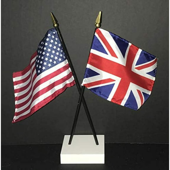 Made in USA. 1 American and 1 United Kingdom Miniature Rayon 4"x6" Office Desk & Little Hand Waving UK British Table Flag, Includes Crossed White Flag Stand with 2 Small 4"x6" Mini Stick Flags
