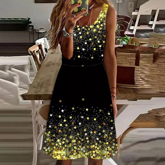 Lilgiuy Beach Sun Dress for Ladies Round Neck Fashion Casual Print Short Sleeve Pullover Midi Waist Dress