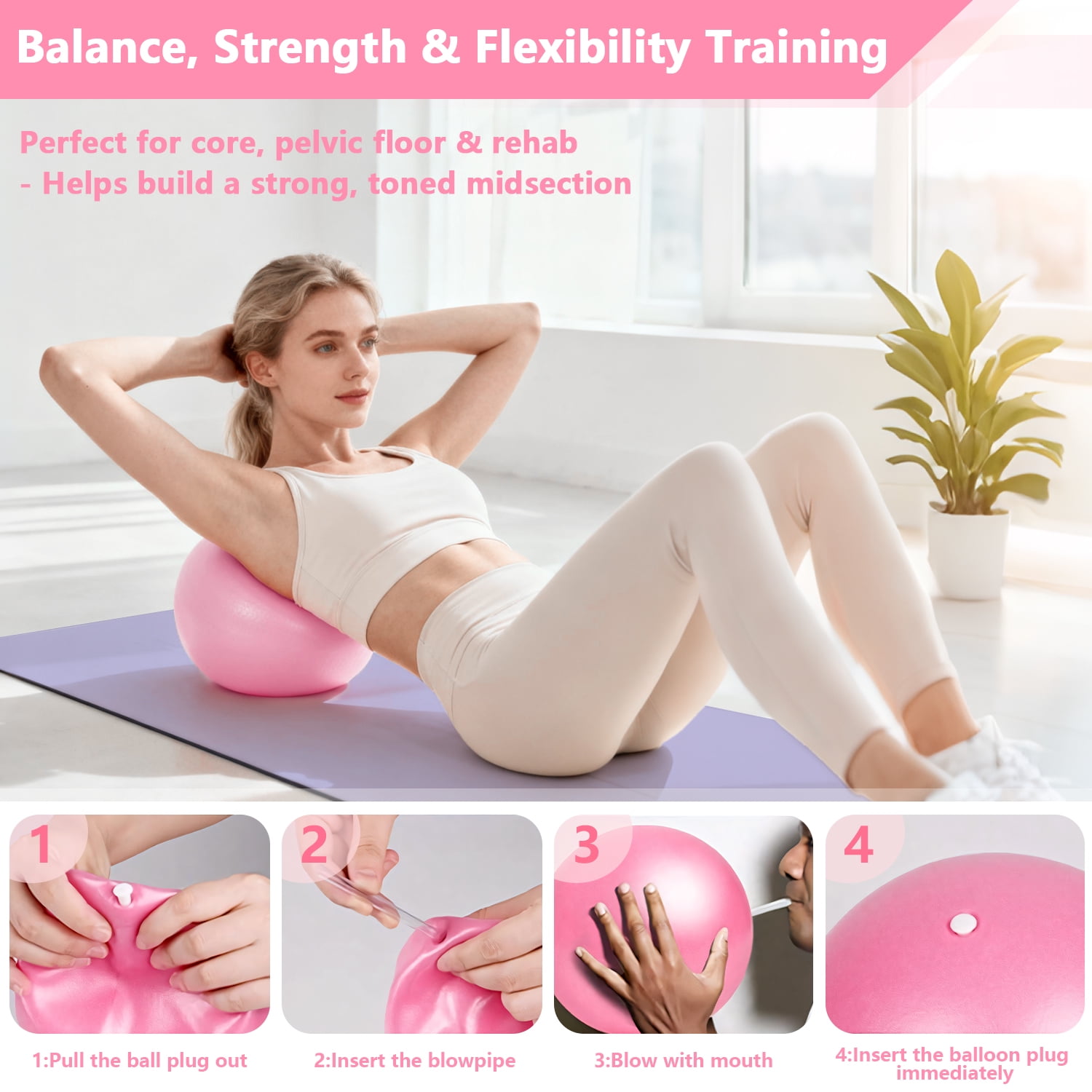 Merryhome  5‑in‑1 Pilates Ring Set – 15" Pilates Ring, 9.8" Mini Ball, 70" Stretch Strap, Resistance Band, NBR Material, Home Workout Kit for Women