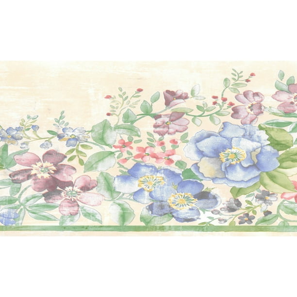 Prepasted Wallpaper Border - Floral Green, Pink, Beige, Blue Flowers 