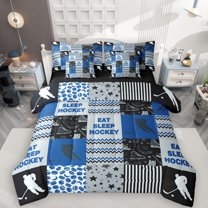 Manfei Blue Patchwork Stripes 7-Piece Twin Bedding Sets for Teen, Modern Ice Hockey Bedding Comforter Set, Sports Game Reversible Sheet Sets, Breathable Home Decor