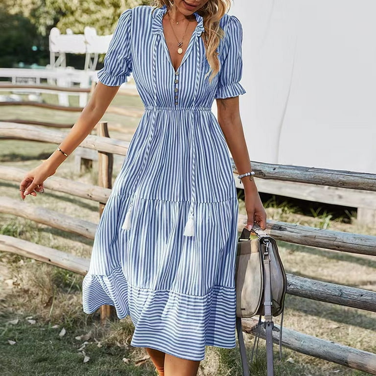 SnnmBlm Women's Summer Ruffle Puff Sleeve Dress Short Sleeve V