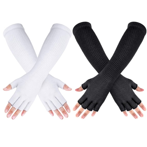 2 Pairs Winter Fingerless Gloves Long Thermal Knitted Mittens Stretchy Arm Warmers Half Finger Gloves for Men Women, 11 Inch