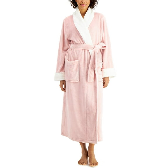 Charter Club Long Cozy Plush Robe With Faux-Fur Trim, Chalky Rose, Size XS/S