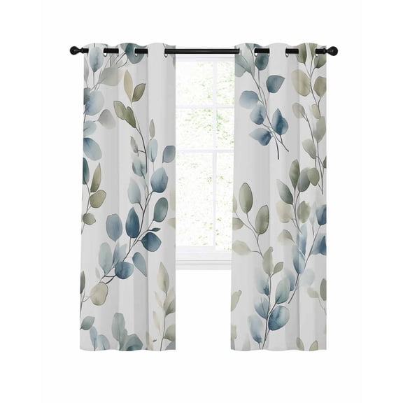 Teal Blue Botanical Blackout Curtains, Light Blocking Print Window Curtains, Eucalyptus Leaves Watercolor Summer Thermal Insulated Window Drapes for Living Room 2 Panels, 104"W x 52"L