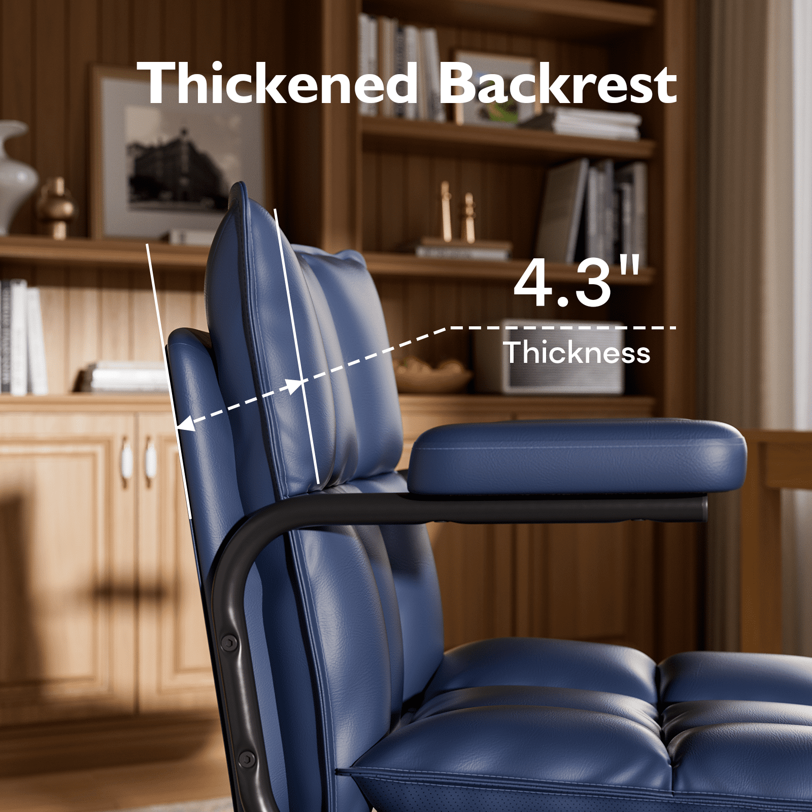 Genpo Blue Office Chair, Mid Century Modern Leather Desk Chair with Arms, Wheels, Thickend Back and Seat, Adjustable Height, Vintage Computer Chair for Home, Office