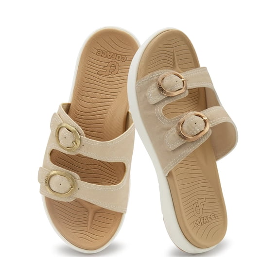 COFACE Women Slides Orthotic Arch Support Flat Sandals With Adjustable Straps Comfort Soft Cushion Yoga Mat Slip on Rubber Sole Beige Size 8