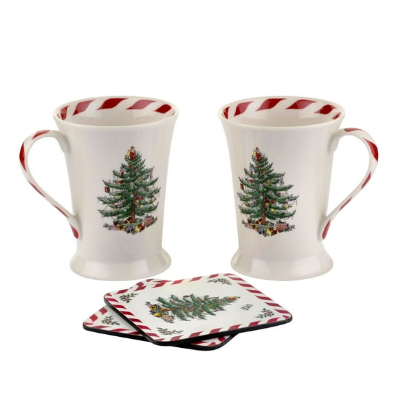 Spode Christmas Tree S/2 Mugs And Coasters Set (Peppermint)