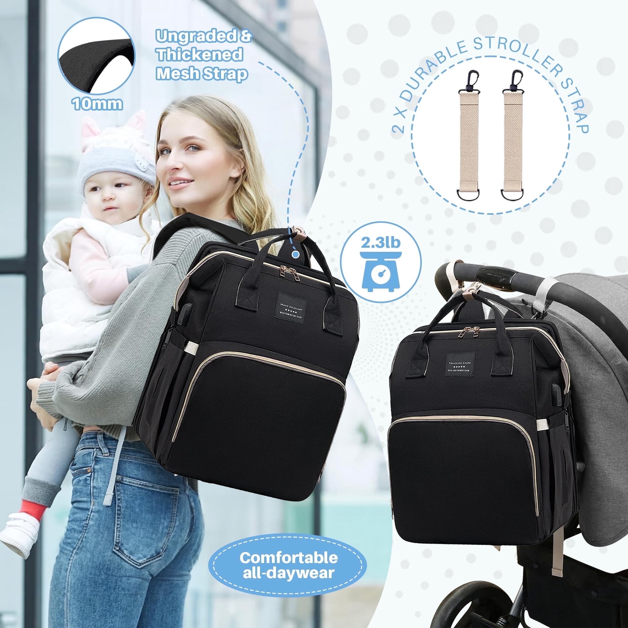Anoak Baby Diaper Bag Backpack with Changing Station, Large Capacity Baby Bag, Waterproof Travel Backpack with USB Charging Port, Stroller Straps , Baby Shower Gifts