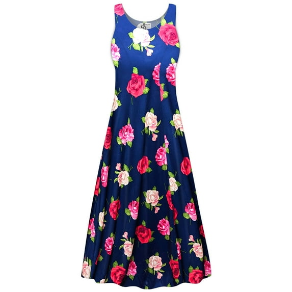 Plus size 1x Petite Womens Dress Rose Bloom Sea Designer Print Sleeveless Princess Cut