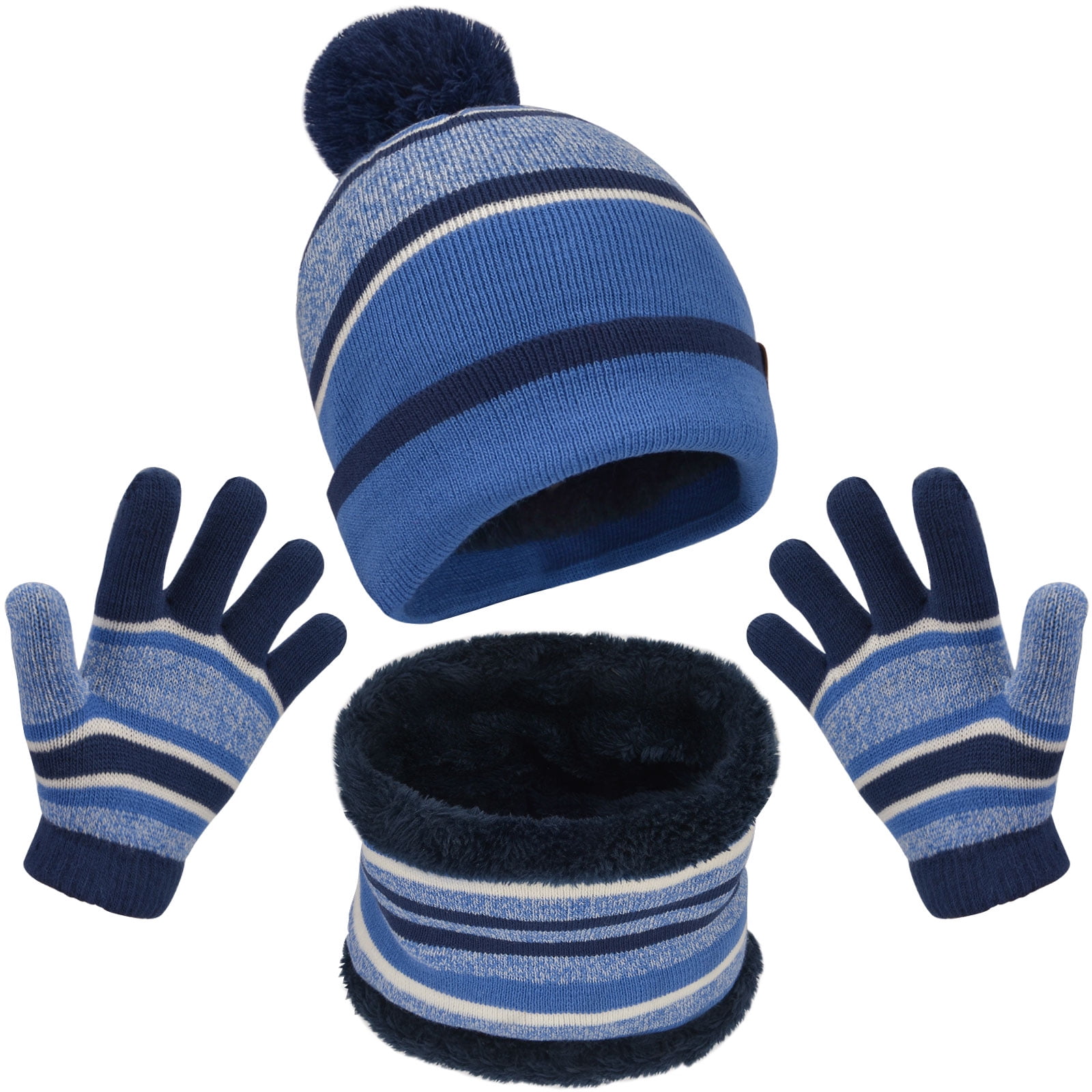 heekpek Winter Beanie Hat Scarf Gloves Set Knitted Pompom Stripped for Kids Boys Girls 3-6 Year Old 