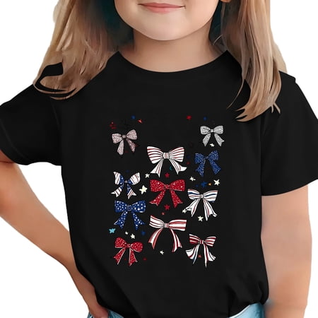 4th of July Shirts for Girls Boys Kids 250th Anniversary USA Shirt Tops Short Sleeve T-Shirts Bow Graphic Tees Patriotic Blouse Black 9-10 Years