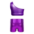 thumbnail image 4 of TSSOE Kids Girls 2-Piece Dance Outfits Hip Hop Jazz Cheer Dance Suits Shiny One Shoulder Crop Top and Booty Short Set Purple 10, 4 of 5