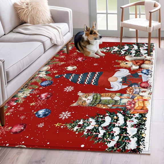 Red Christmas Area Rug 3x5 Washable Rug Non Slip Gnomes Poinsettia Snowflakes Pine Branches Large Area Rug Indoor Floor Carpet for Entryway Bedroom Kitchen Living Room Home Office Dining Room Nursery