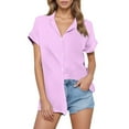 thumbnail image 2 of Business Casual T Shirts for Women Short Sleeve Button Down Collared Cotton Linen Casual Loose Plain Tshirt Blouse, 2 of 8