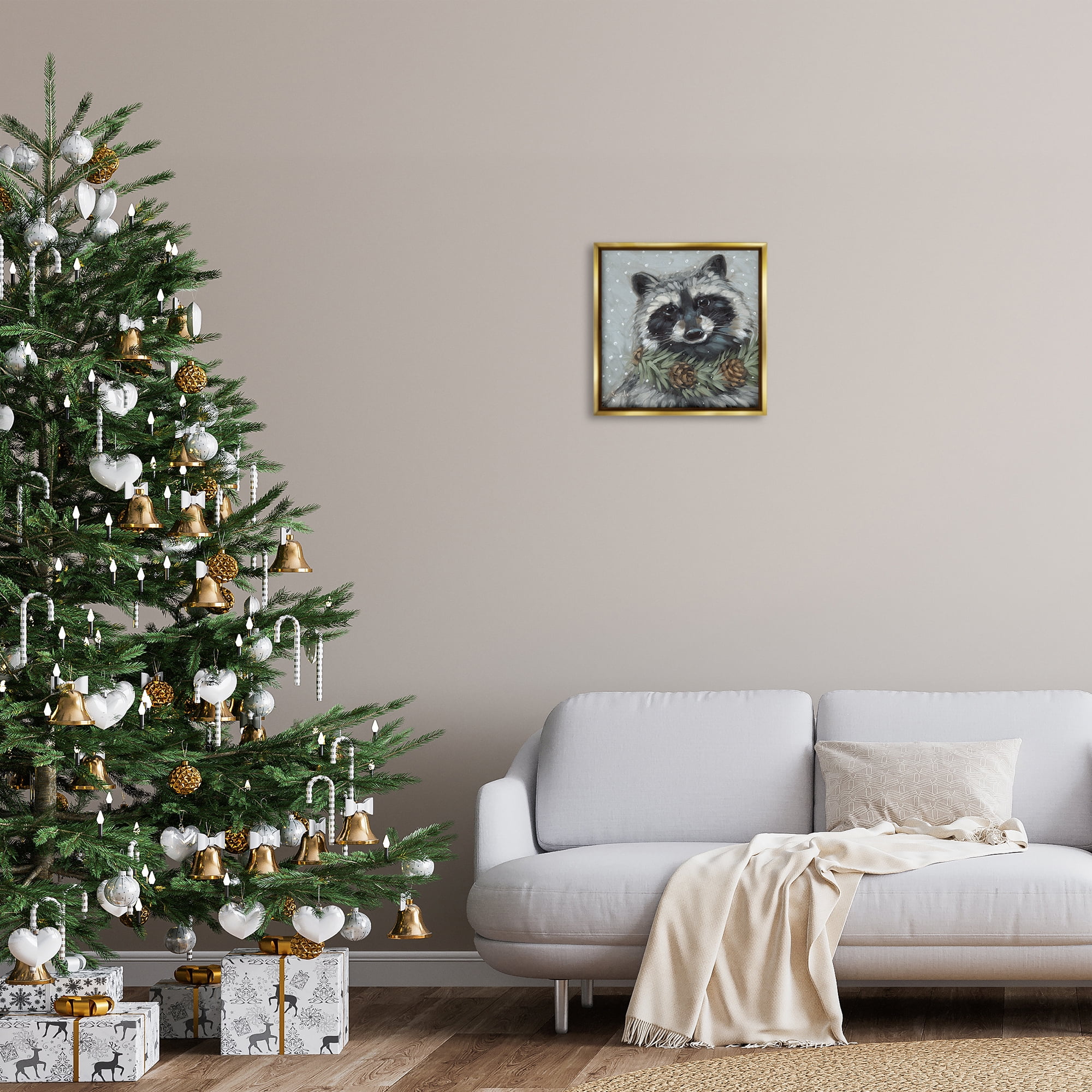 Stupell Industries Raccoon with Pinecones Holiday Painting Gold Floater Framed Canvas Art Prints Wall Art, 18 x 18