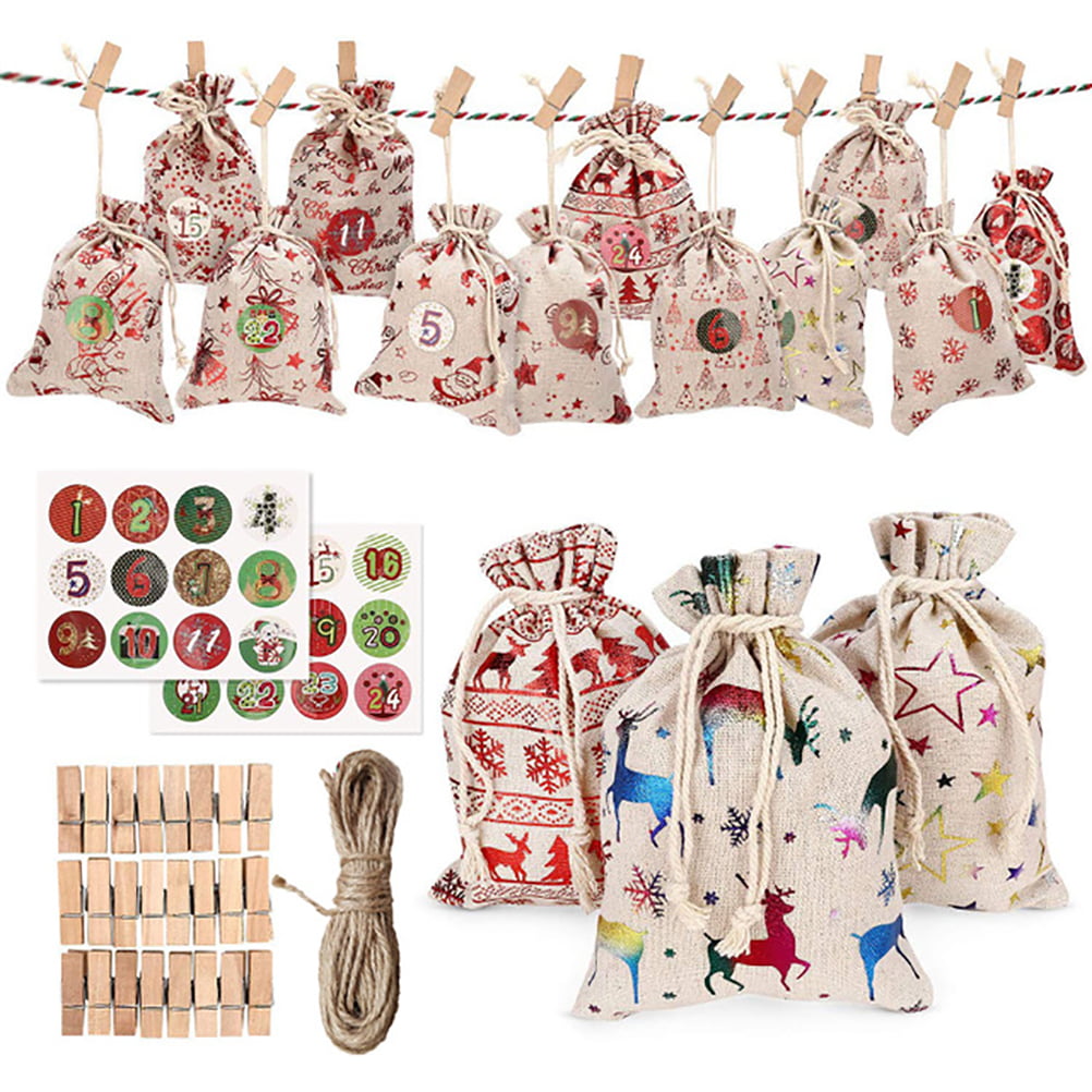 Details about   24PCS Christmas Gift Bag Advent Calendar Packing Party Cotton Santa Sack Set USA 
