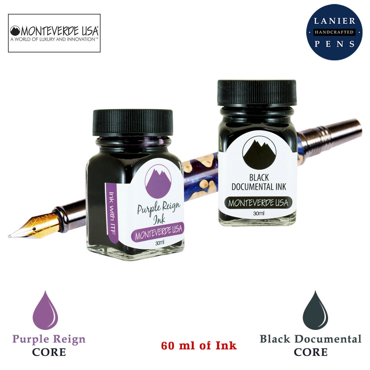 Monteverde 60ml Core Fountain Pen Ink Bottle (30ml Purple Reign Ink Bottle G309PR, 30ml Black Documental Ink Bottle G309DB)