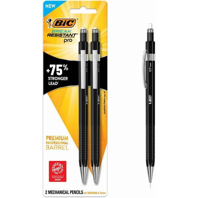 BIC Break Resistant Pro with Shock-Absorption and Twist-Up Eraser, Mechanical Pencil, 2-Count (Black)