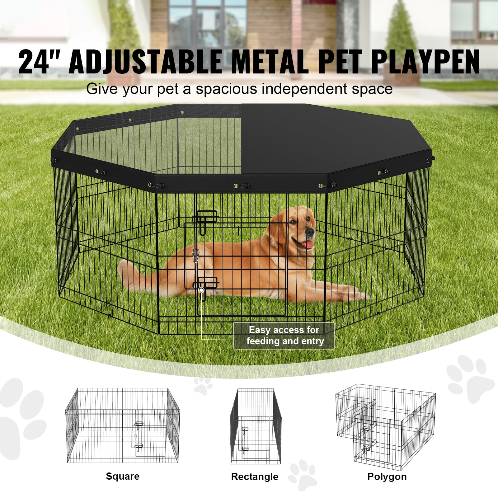 VEVOR Dog Playpen 8 Panels Foldable Metal Dog Exercise Pen with Top Cover 24" H