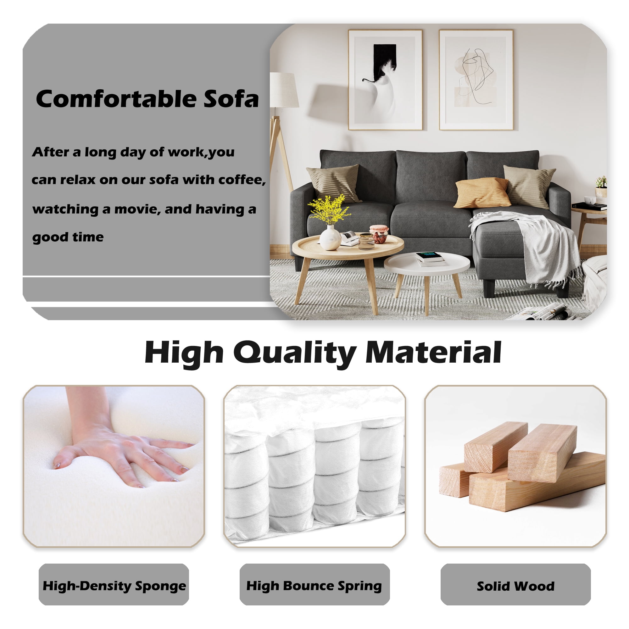 Homall Convertible Sectional Sofa Couch, Modern Linen Fabric L-Shaped Couch 3-Seat Sofa Sectional with Reversible Chaise for Small Living Room, Apartment and Small Space, Dark Gray