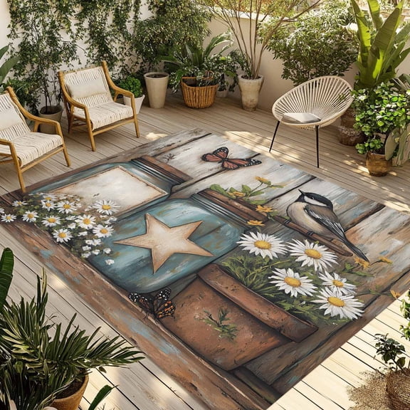 Fsddascl Country Flower Outdoor Rug for Patio/Deck/Porch, Non-Slip Large Area Rug 5 x 8 Ft, Retro Western Texas Star Butterfly Bird Indoor Outdoor Rugs Washable Area Rugs, Camping Rug Carpet