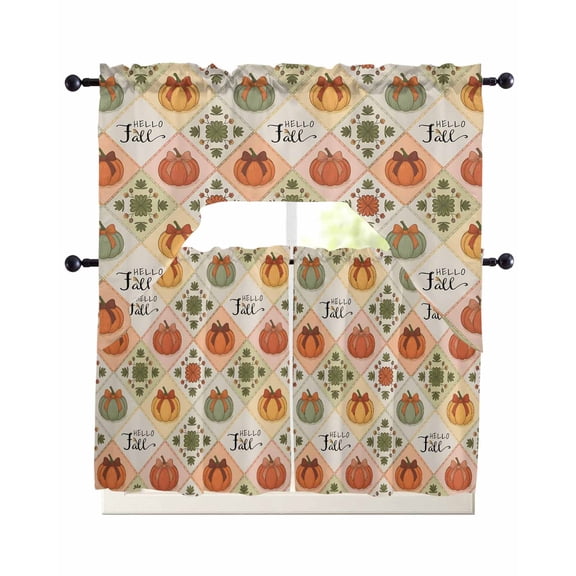 Fall Swag Curtains for Living Room/Bedroom Windows, Thanksgiving Pumpkins Plaid Vintage Kitchen Curtains and Valances Set 36 Inch Length, Light Filtering Swags Valance Curtain Panels