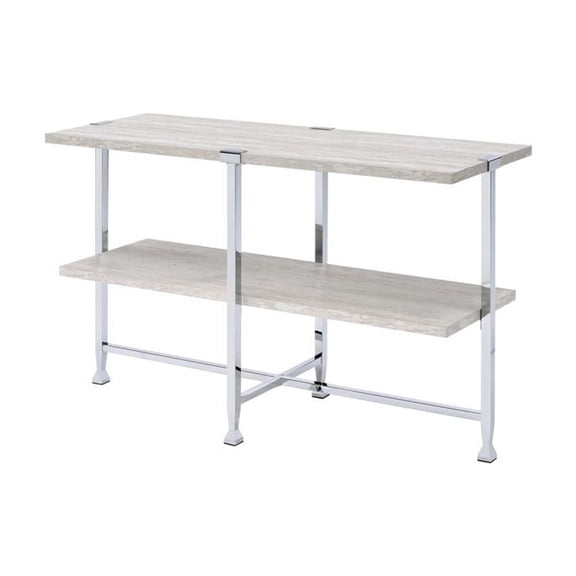 ACME Brecon Rectangular Wooden Sofa Table with Shelf in White Oak and Chrome