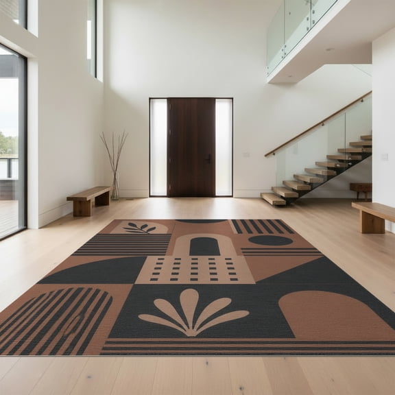 Design&I 8'x10' Washable Area Rug Black Terracotta Geometric Art Modern Abstract with Bold Shapes for Living Room, Family Extra Large Skid-Resistant Low Profile