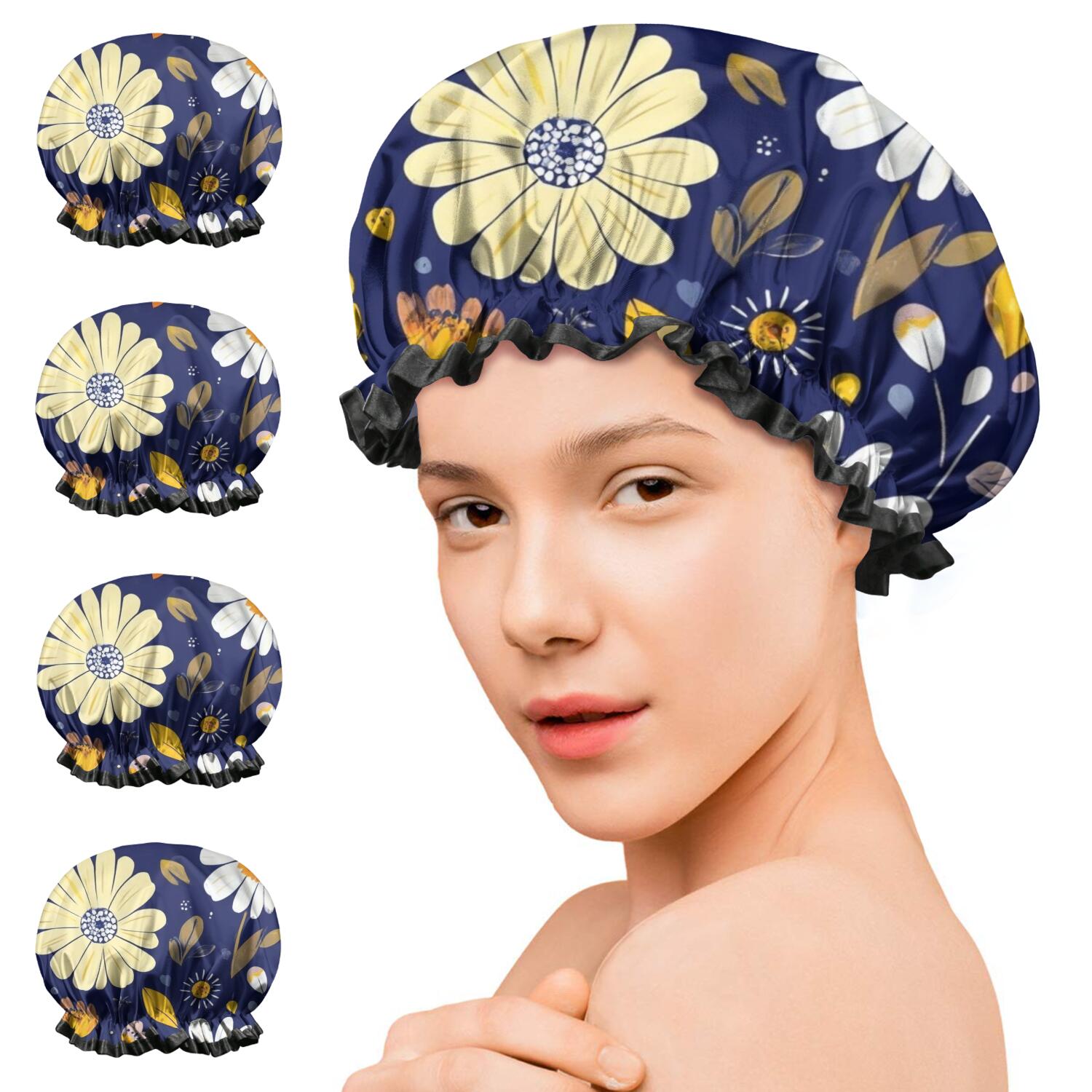 Shower Caps,Pioneer Flower Floral Print Pattern Waterproof Shower Cap for Women 4 Pieces,Double Reusable Hair Cover for Shower PEVA Elastic Stretch Hem