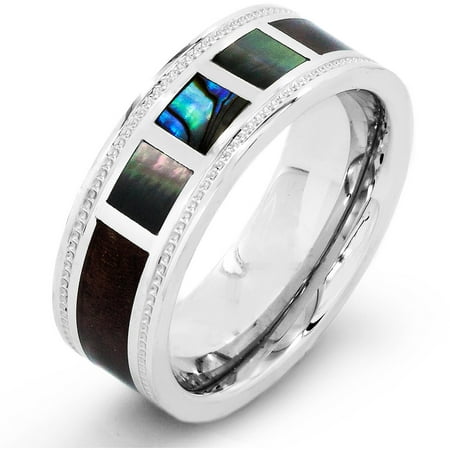 Crucible Stainless Steel Wood and Mother of Pearl Inlay Milgrain Ring