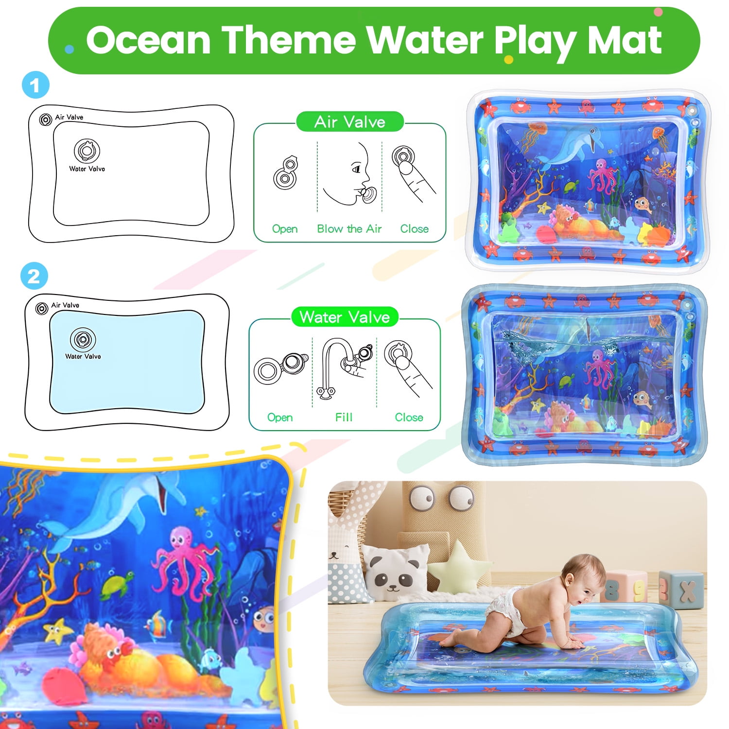 WonderStone 2 in 1 Baby Gym Playmat, Tummy Time Water Mat with 2 Cloth Books/ 5 Infant Sensory Baby Toys & Play Piano, Boys and Girls Newborn Baby Gift 0-12 Month (Green)