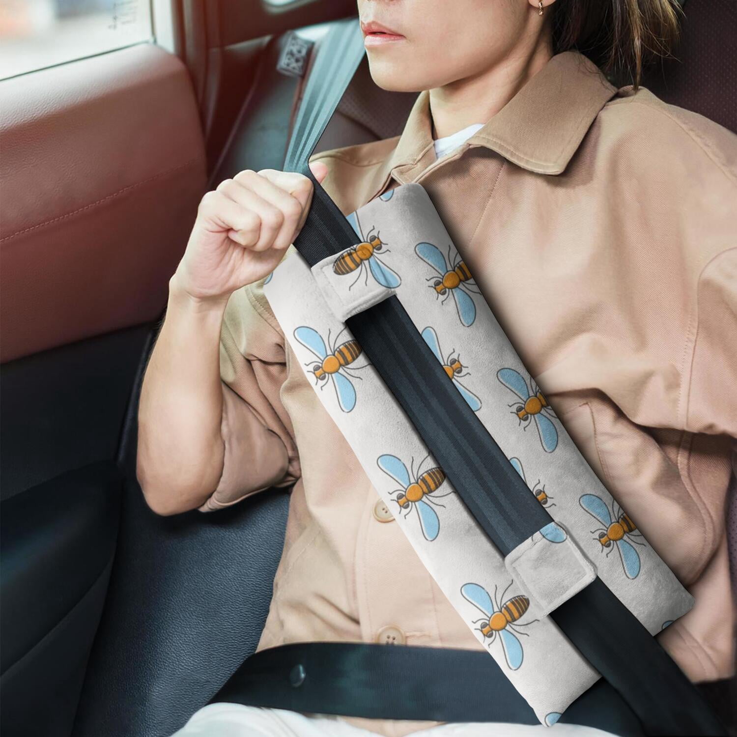 Abstract Bee and Flower Seatbelt Pillow for Post-Surgery Protection - Mastectomy Breast Cancer Heart Surgery Recovery Cushion - Soft Car Travel Pillow with Honeycomb Print