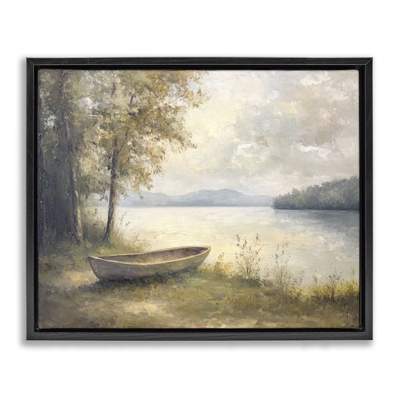 Stupell Industries Boat at Lake's Edge Landscape & Nature Painting Black Floater Framed Canvas Art Print Wall Art, 21 x 17