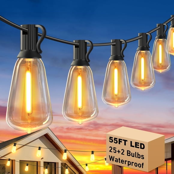 55FT Outdoor String Lights with 27 Shatterproof LED Edison Bulbs (2 Spares), Waterproof ST38 Patio Lights Dimmable, Connectable Hanging Outdoor Lights for House Backyard Garden, 2700K