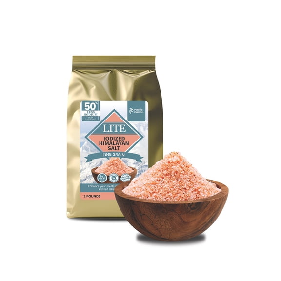 Pacific Pelican Iodized Lite Himalayan Pink Salt | 50% Less Sodium | Fine Grain, Unrefined, Pure Rock Salt, 100% Natural & Organic for Cooking, Seasoning & Wellness (2 LBs)