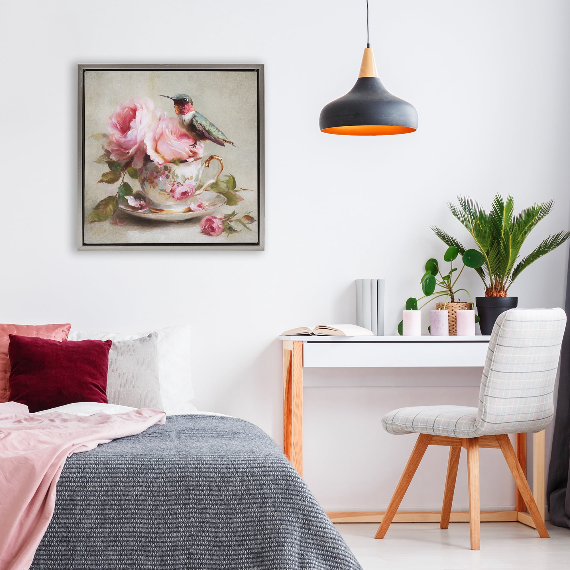 Stupell Industries Hummingbird & Tea Cup Gray Framed Floater Canvas Wall Art, design by Tina LeCour