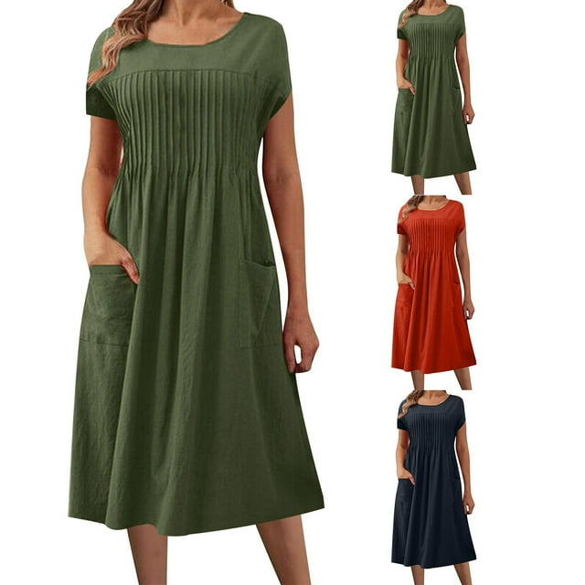 WRKEKC Robes d'Été Décontractées pour Femmes, Robes d'Été Grande Taille, Robe d'Été Tendance pour Femmes de Couleur Unie à Manches Courtes et Col en V