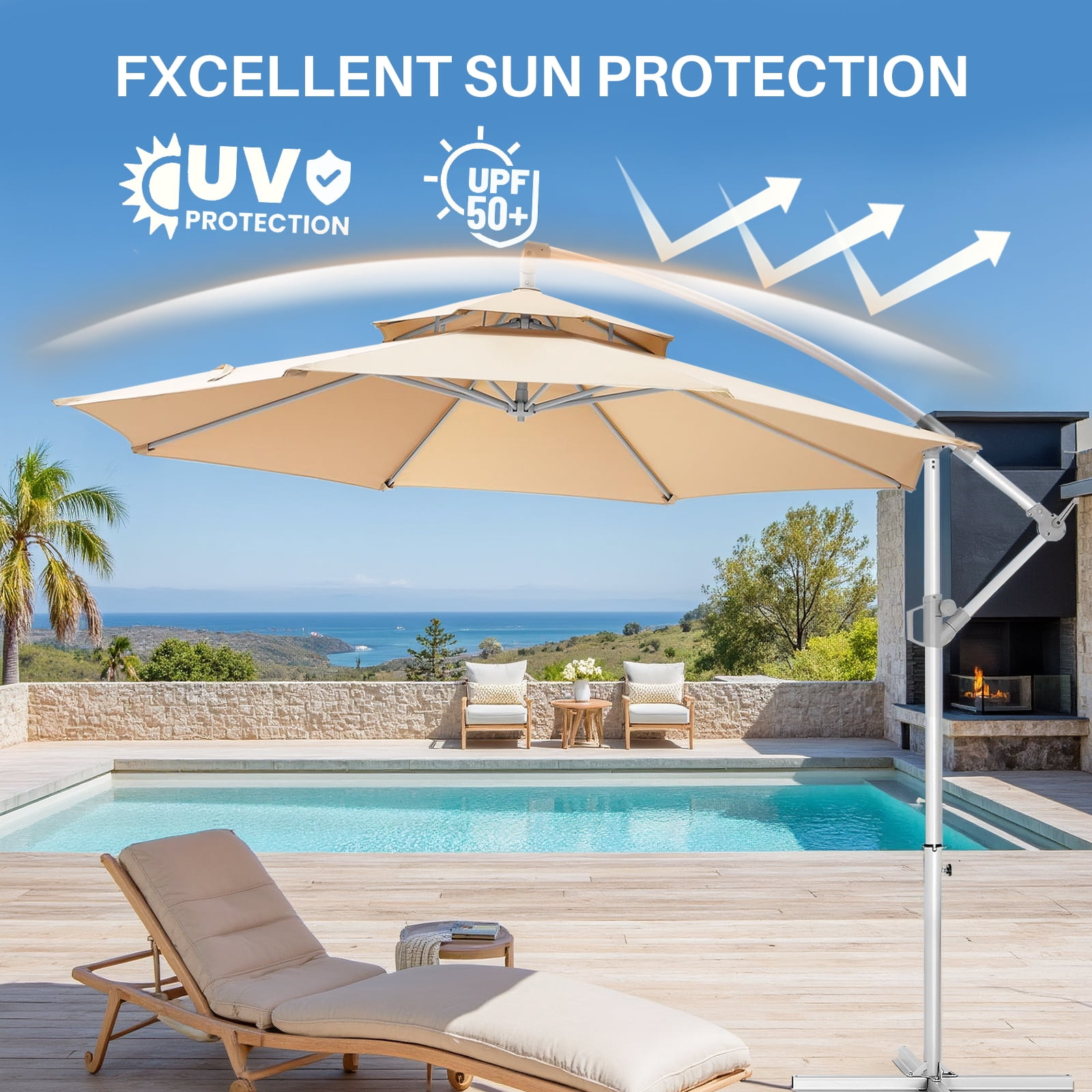 10' Outdoor Patio Umbrella, 2 Tiers Offset Hanging Umbrella, UPF50+ Large Umbrella for Patio, Yard, Pool Side, 8 Sturdy Ribs, Push Button Tilt and Crank, Beige
