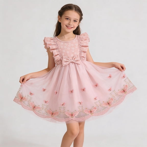 Cethrio Girls Party Dresses, Flutter Sleeve Party Mid-length Casual Summer Dresses Pink Size 7-8 T