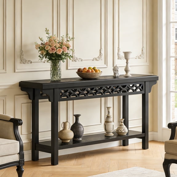 Fnova 70.87" Farmhouse Console Table, Wood Entryway Table with Carved Design & Storage Shelf, Slim Sofa Table for Living Room Hallway, Black