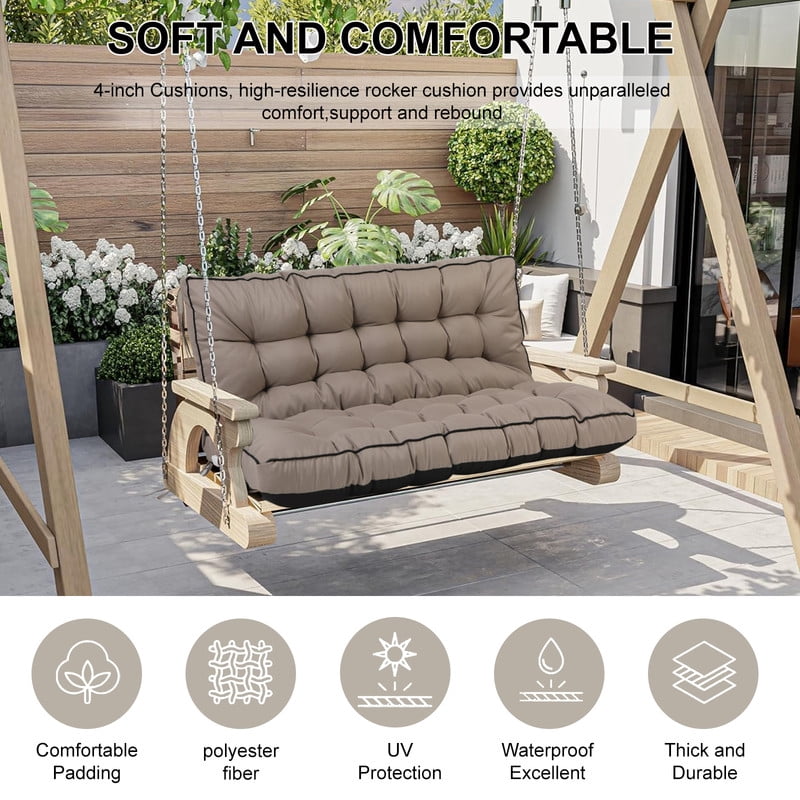 Outdoor Porch Swing Replacement Cushions, Waterproof Bench Chair cushion, 2-3 Seater Patio Swing cushion with Backrest and Ties, 4" thick