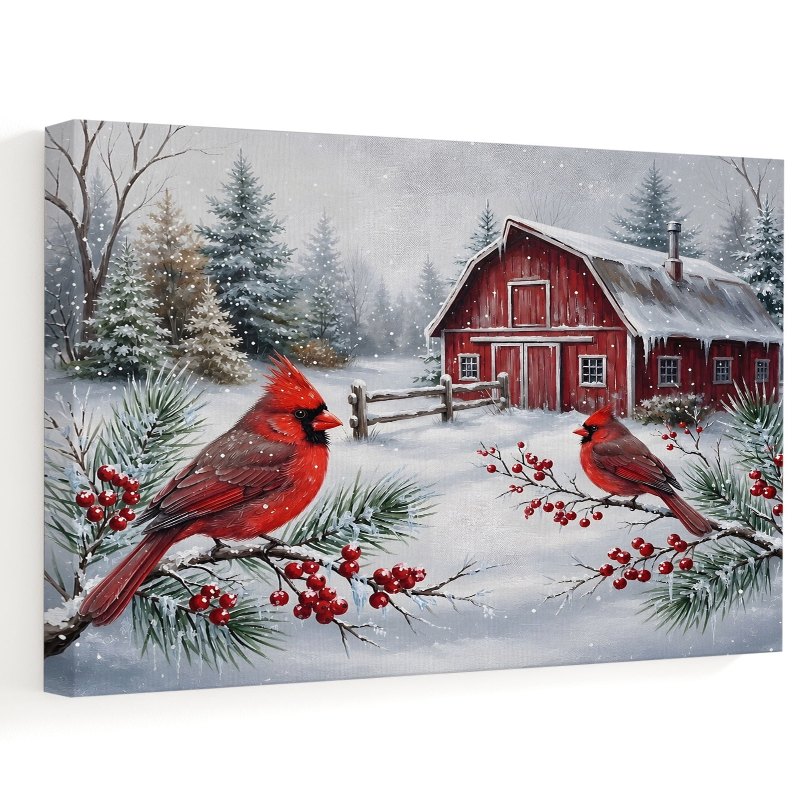 Winter Cardinal Bird Canvas Wall Art 32 x 24 Farmhouse Snowy Red Barn Holly Berry Frame Picture Prints Ready to Hang Waterproof Artwork Decor for Living Room Above Fireplace Bedroom
