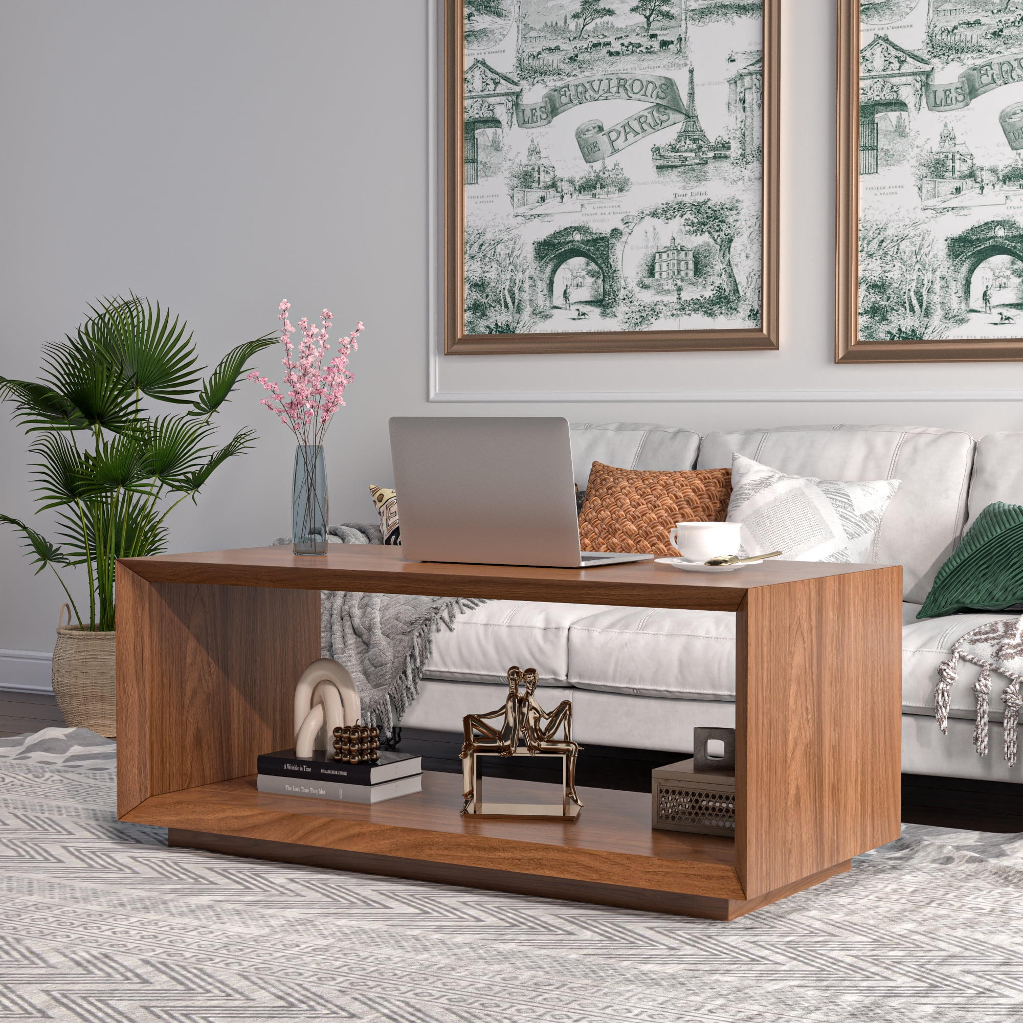 Farmhouse Wood Coffee Table, Rectangle Coffee Table, Simple 2-Tier (Walnut)