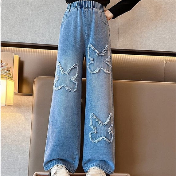 Girls Jeans Denim Elastic Waist Staight Wide Leg Baggy Denim Pants Girls Denim Jeans Size 10 Kids Clothes with Pockets Size 3-4 Years 5_Blue